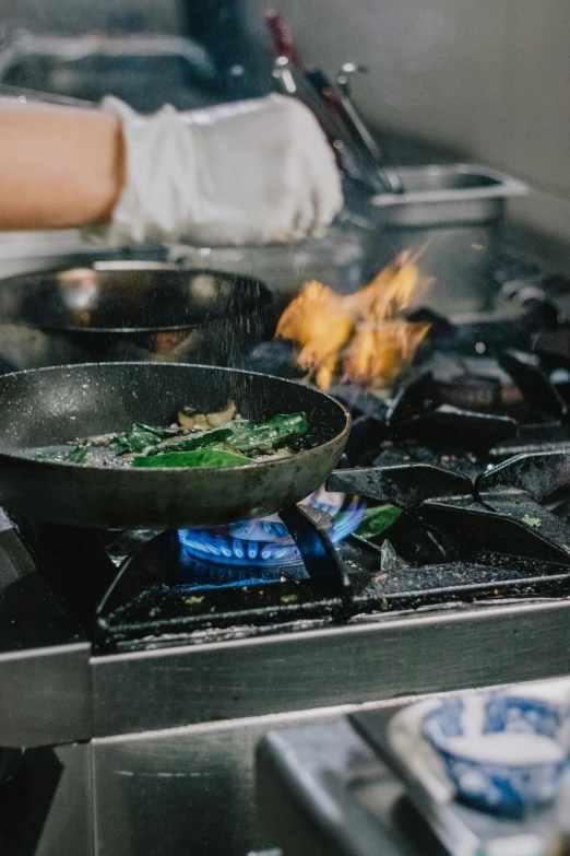 a person cooking food in a frying pan on a stove, purple and green fire, lachlan bailey, restaurant, pots and pans