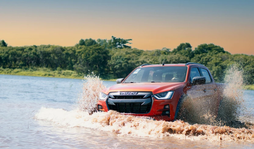 a red truck driving through a body of water, wrx golf, square, haval f 7, “wide shot