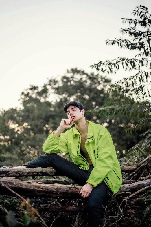 a man sitting on a tree branch talking on a cell phone, a picture, unsplash, realism, green colored bomber jacket, declan mckenna, sitting on a log, hoang long ly