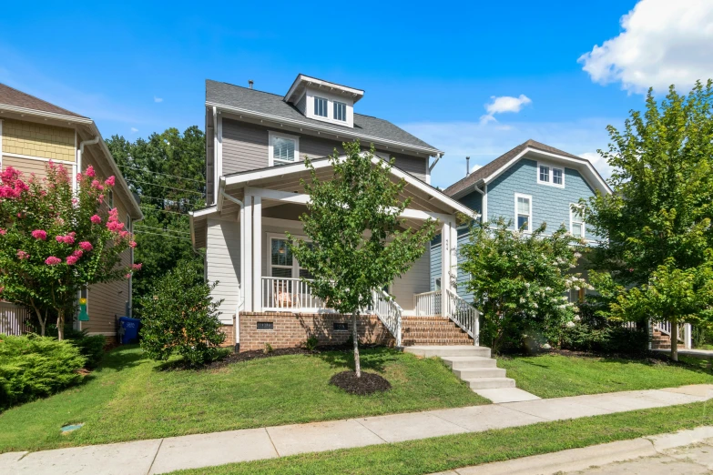 a row of houses in a neighborhood, a picture, with a front porch, blue print, listing image, square