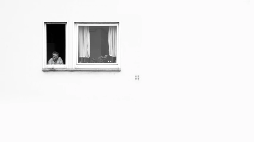 a black and white photo of a dog looking out a window, by Matthias Weischer, pexels contest winner, postminimalism, two old people, white minimalist architecture, flowers around, panoramic view of girl