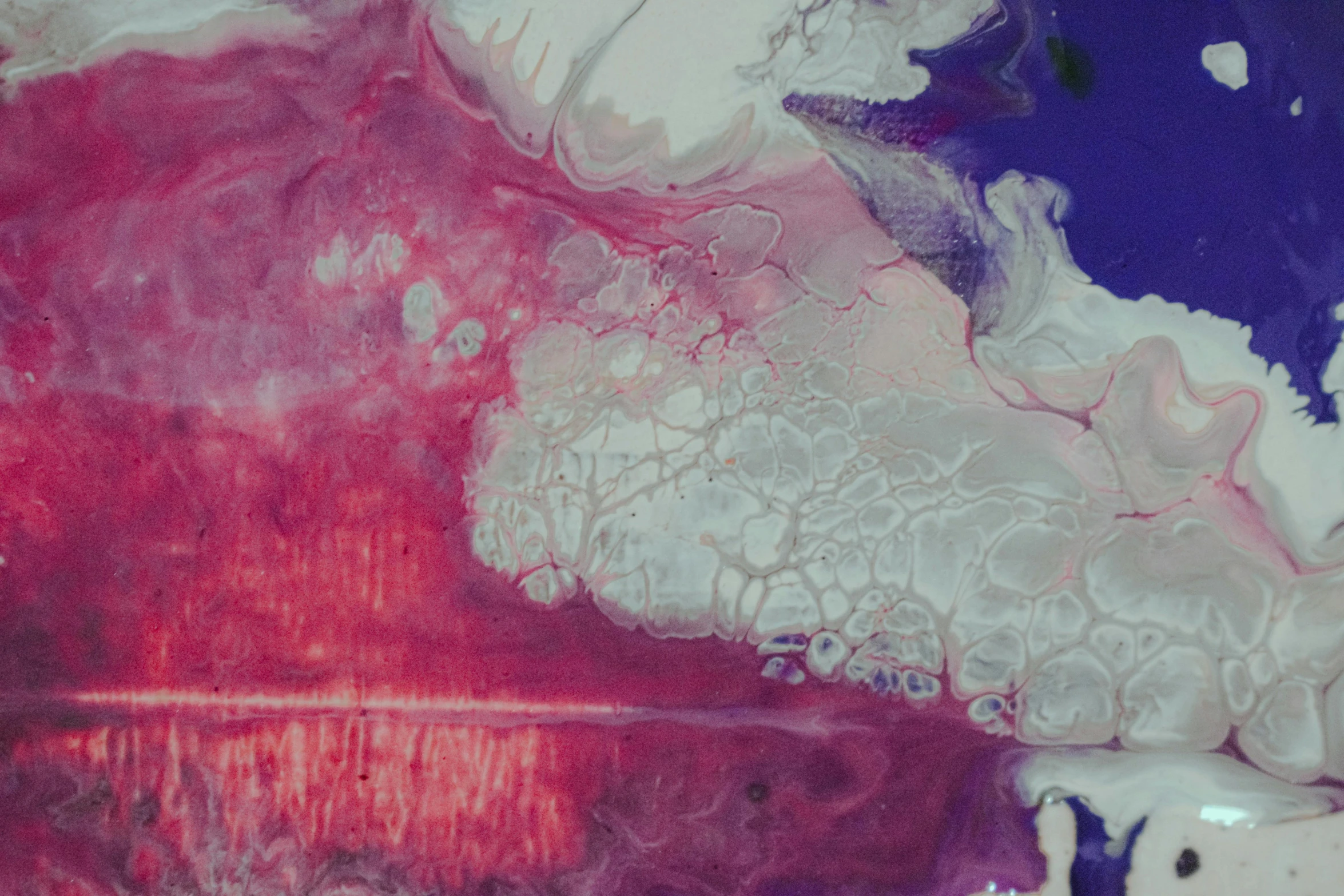 a close up of a plate of food on a table, inspired by Julian Schnabel, flickr, lyrical abstraction, swirly liquid fluid abstract art, pink and purple, 144x144 canvas, blue and white and red mist