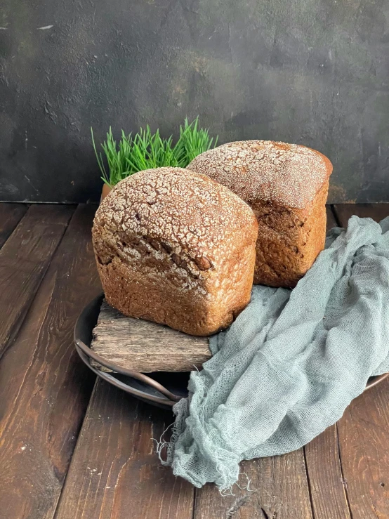 two loafs of bread sitting on top of a wooden table, detailed product image, medium wide front shot, sprouting, frontal pose