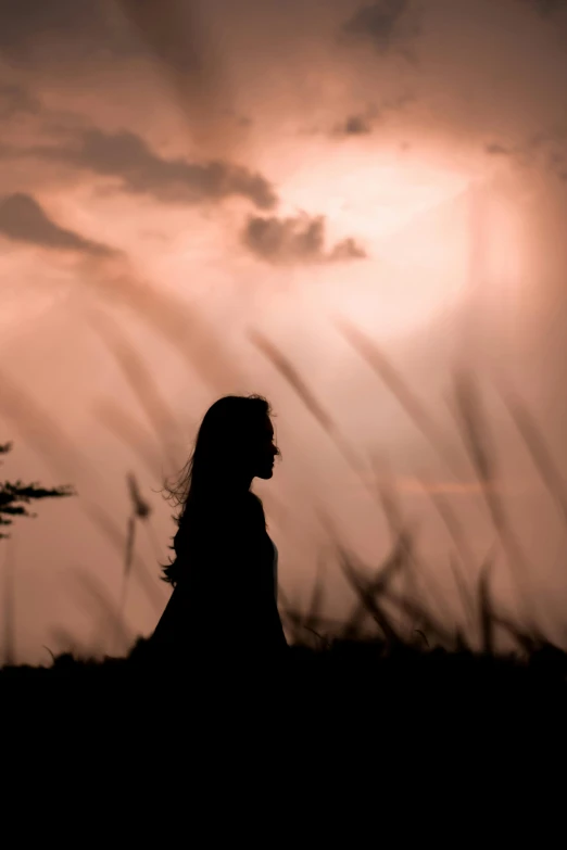 a woman standing on top of a grass covered field, pexels contest winner, romanticism, silhouette :7, pensive expression, avatar image, multiple stories