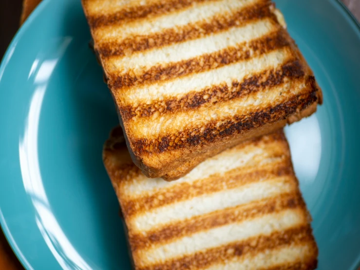 two pieces of toast on a blue plate, by Edward Avedisian, pexels, striped orange and teal, square, grill, 1 7 8 0