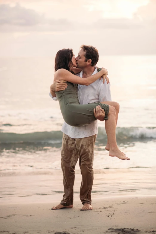 a man carrying a woman on the beach, pexels contest winner, renaissance, professionally color graded, kiss, wide full body, romantic lead