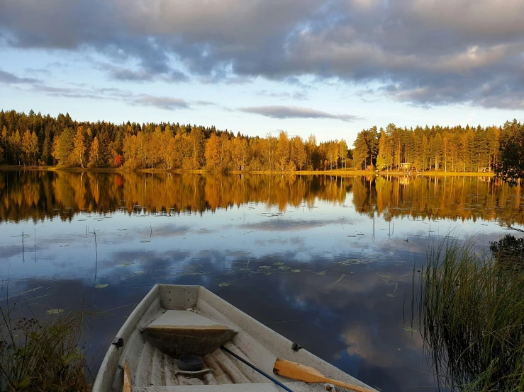 a boat sitting on top of a lake next to a forest, by Veikko Törmänen, pexels contest winner, hurufiyya, autum, late afternoon, fishing, partly sunken! in the lake!