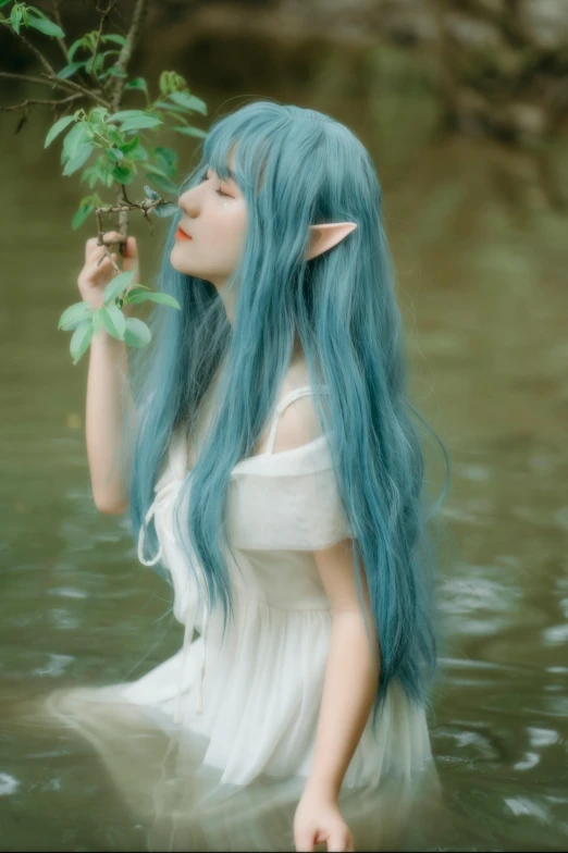 a woman with blue hair standing in a body of water, inspired by Rumiko Takahashi, renaissance, long elf ears, ulzzang, sea - green and white clothes, ((forest))