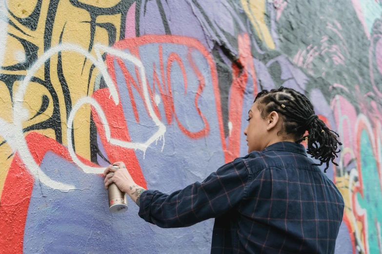 a man spray painting graffiti on a wall, by Julia Pishtar, pexels contest winner, trippie redd, 🎨🖌️, queer woman, more details