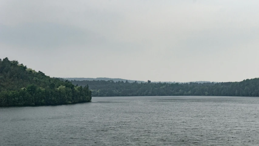 a large body of water surrounded by trees, by Jaakko Mattila, overcast gray skies, cornell, fan favorite, low quality photo