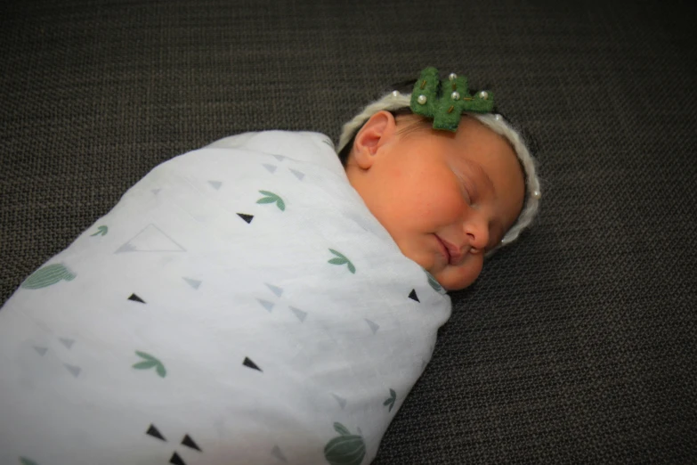 a close up of a baby wrapped in a blanket, by Alice Mason, pexels contest winner, holding a cactus, wearing the number 1 headband, right hand side profile, asleep