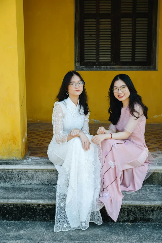 two women sitting on the steps of a building, inspired by Ruth Jên, happening, cover photo portrait of du juan, in their noble mansion, 8 k ), square