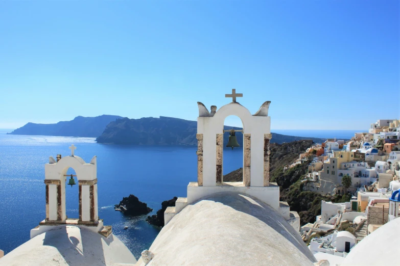 a view of the ocean from the top of a building, pexels contest winner, art nouveau, santorini, avatar image, bells, background image