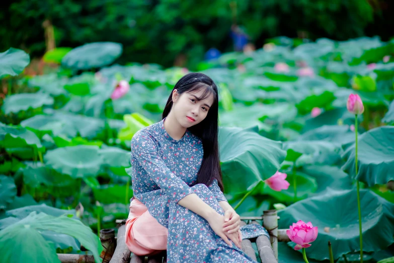 a woman sitting on a bench in a field of flowers, inspired by Cui Bai, pexels contest winner, standing gracefully upon a lotus, avatar image, young cute wan asian face, group photo