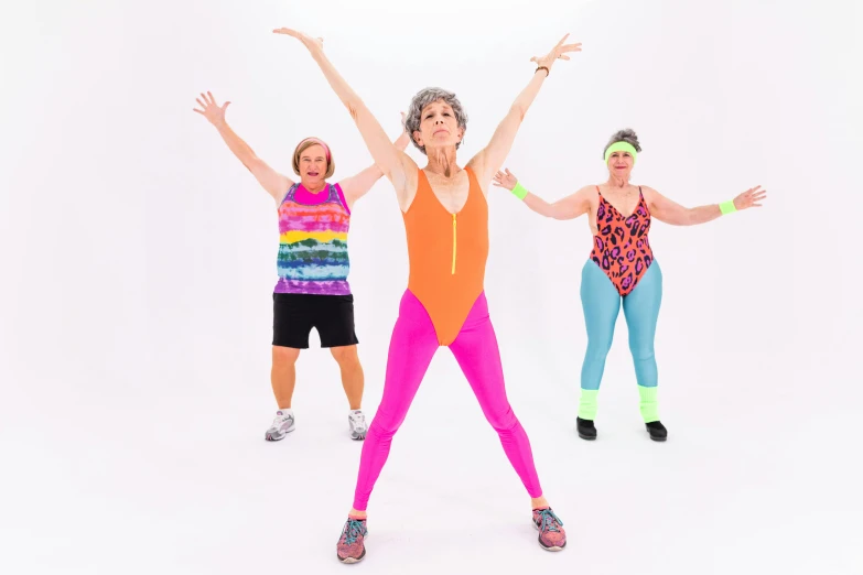 a group of women doing zumba zumba zumba zumba zumba zumba zumba zumba zumba zumba zumba zu, an album cover, by Pamela Drew, pexels, two skinny old people, neon colored suit, set against a white background, cottagecore!! fitness body