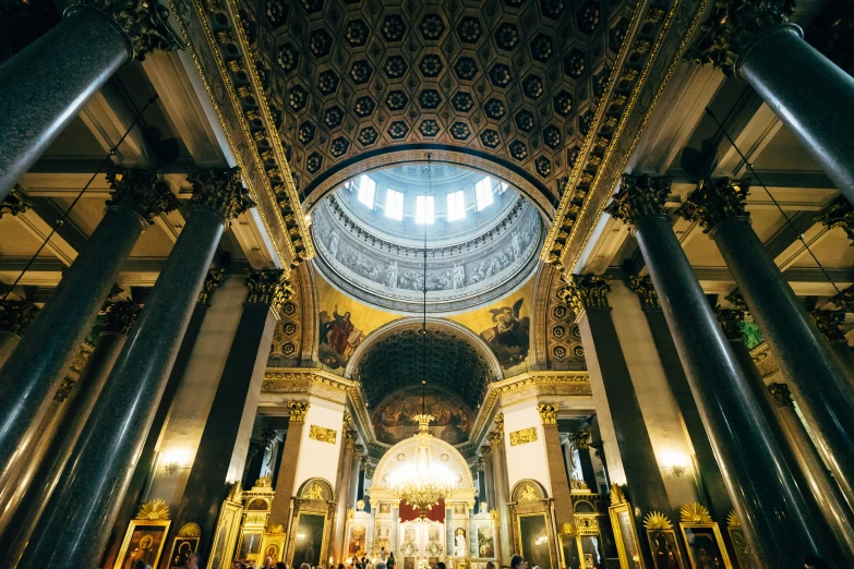 a group of people standing inside of a church, by Julia Pishtar, unsplash contest winner, baroque, neoclassical tower with dome, tapestries hanging from ceiling, 2 5 6 x 2 5 6 pixels, orthodox saint