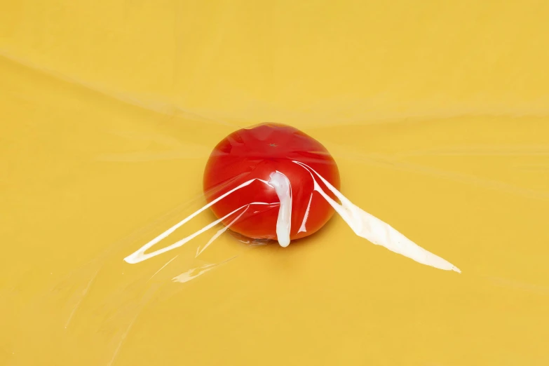 a red apple wrapped in plastic on a yellow surface, an album cover, by Jan Kupecký, dribble, plasticien, candy treatments, transparent cloth, red, in front of a round