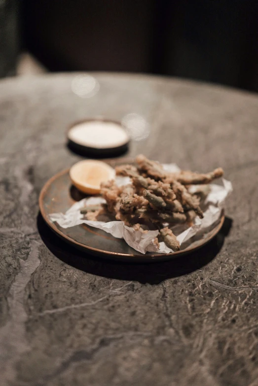 a plate of food sitting on top of a table, mingei, barnacle, very crispy, grey, medium close shot