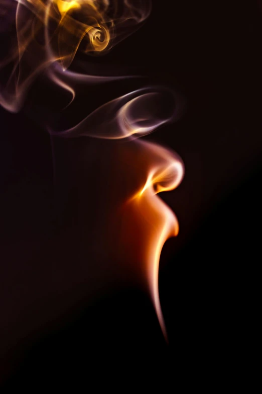 a close up of a person's face with smoke coming out of it, by Greg Rutkowski, pexels contest winner, digital art, left profile, swirls of fire, smooth lines, lips