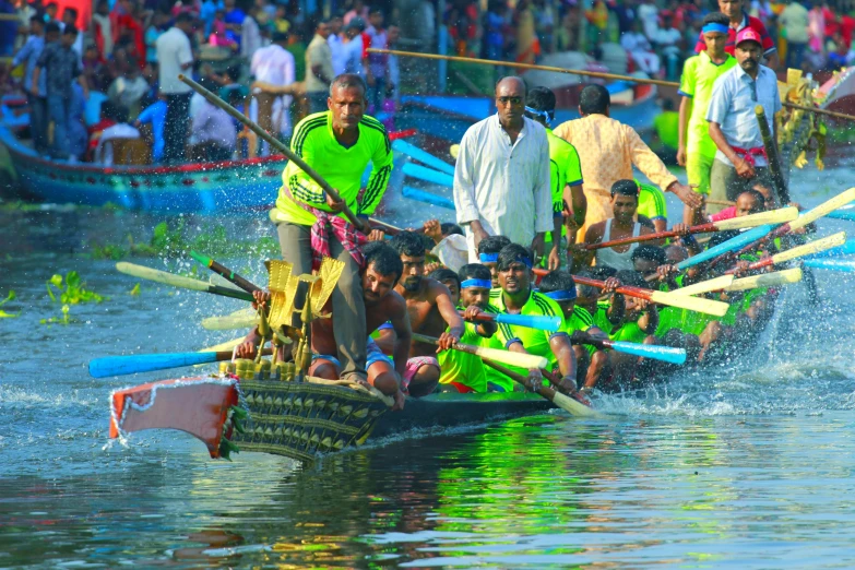 a group of people riding on the back of a boat, pexels contest winner, samikshavad, marathon race, with intricate details, thumbnail, colour