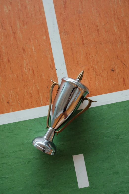 a silver trophy sitting on top of a tennis court, pexels contest winner, birdseye view, chalk, fencing, hight decorated