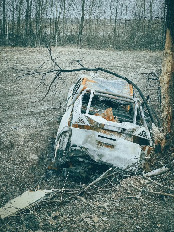 a burnt out car sitting in the middle of a field, inspired by Elsa Bleda, unsplash contest winner, in a corrupted forest, 2000s photo, profile image, shipwreck