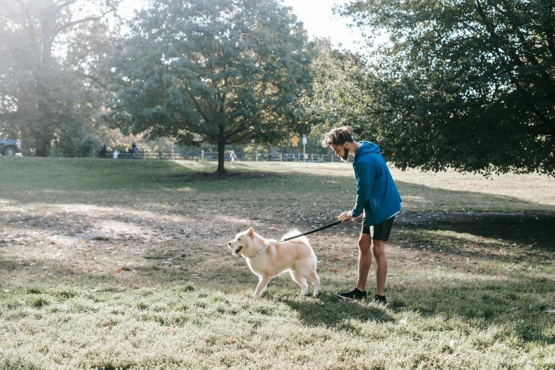 a person walking a dog on a leash in a park, unsplash, happening, sydney hanson, poop, various posed, profile image