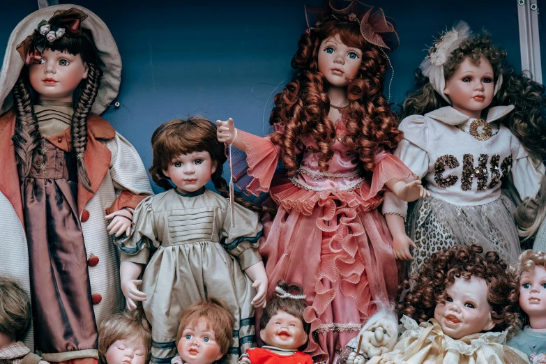 a group of dolls sitting next to each other, a portrait, trending on pixabay, baroque, 15081959 21121991 01012000 4k