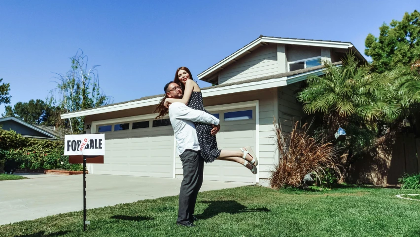 a man holding a woman in front of a for sale sign, unsplash, avatar image, house, brown, flying shot