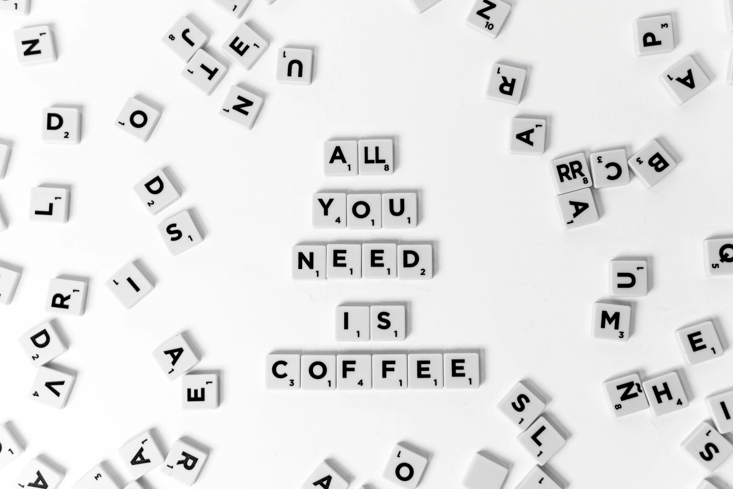 letters that spell out all you need is coffee, by Emma Andijewska, trending on unsplash, minimalism, made of all white ceramic tiles, 🤬 🤮 💕 🎀, squares, 15081959 21121991 01012000 4k