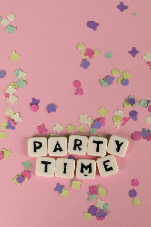 a party time sign surrounded by confetti sprinkles, by Elaine Hamilton, pexels, 1 6 x 1 6, story, pink, multi-part