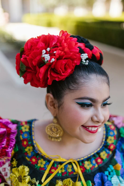 a woman in a colorful dress with flowers in her hair, diverse costumes, latino features, square, bay area