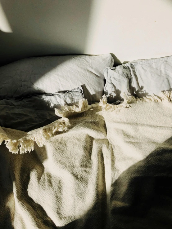 a bed sitting in a bedroom next to a window, an album cover, by Rebecca Horn, unsplash, visual art, frayed edges. light leaks, linen, ignant, 1 9 2 0 s cloth