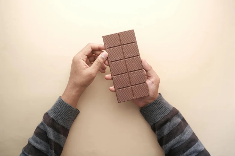 a person holding a piece of chocolate in their hands, rectangle, matt finish, large tall, flatlay