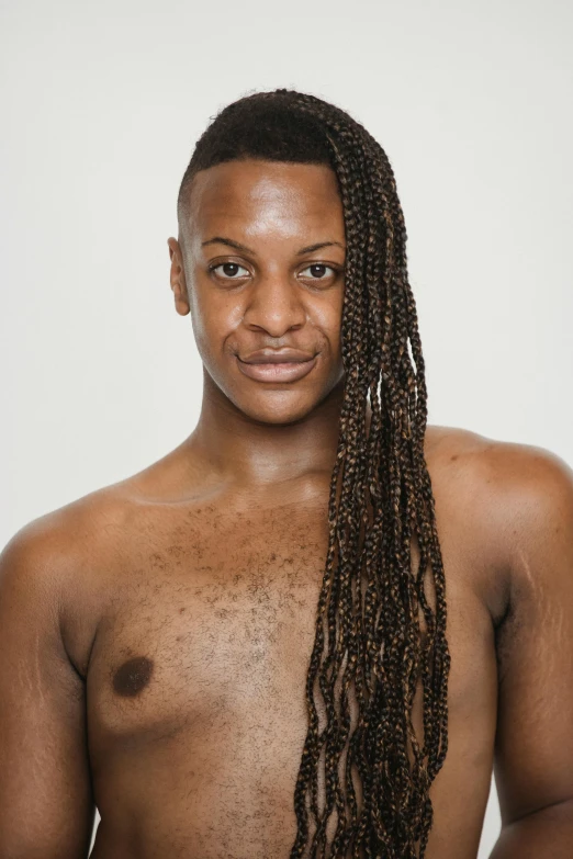 a man with dreadlocks posing for a picture, by Terrell James, an epic non - binary model, combover, disrobed, on clear background