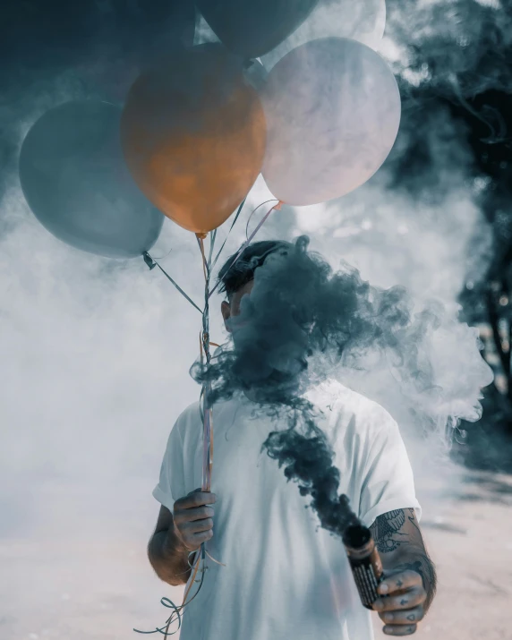 a man holding a bunch of balloons with smoke coming out of it, a colorized photo, pexels contest winner, discord profile picture, hopeless grey, (aesthetics), menacing look