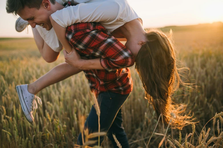 a man carrying a woman in a wheat field, pexels contest winner, australian, playful, flirting, ilustration
