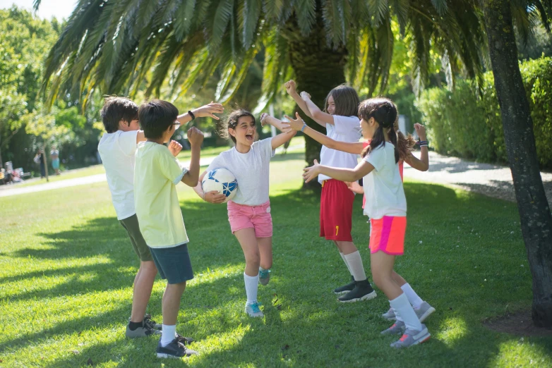 a group of children standing on top of a lush green field, holding a ball, casual playrix games, portugal, in the garden