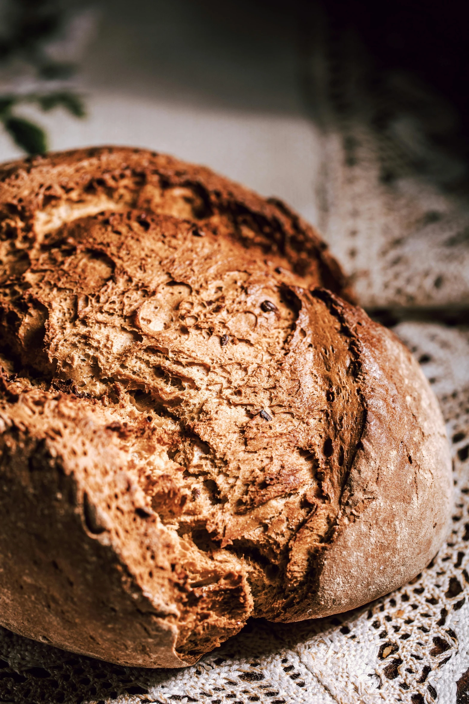 a loaf of bread sitting on top of a table, a portrait, by Adam Marczyński, unsplash, renaissance, mineral grains, rich details full of texture, thumbnail, panoramic