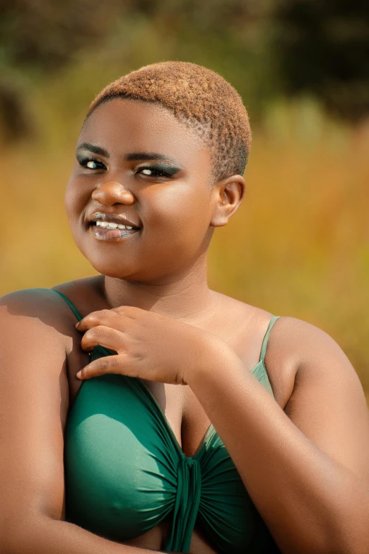 a woman in a green bikini posing for a picture, an album cover, by Chinwe Chukwuogo-Roy, pexels contest winner, tachisme, brown buzzcut, obese ), teenage girl, pastel'