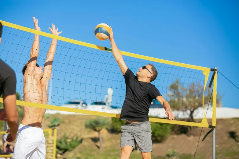 a couple of men playing a game of volleyball, profile image, sunny day time, square, volleyball net