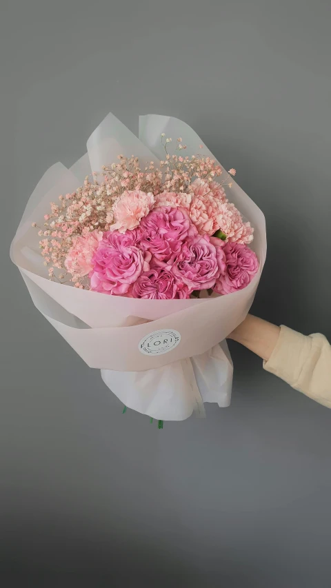 a bouquet of pink carnations and baby's breath, a pastel, inspired by Kim Jeong-hui, romanticism, crispy quality, 1 as february), roses in hands, adorable design