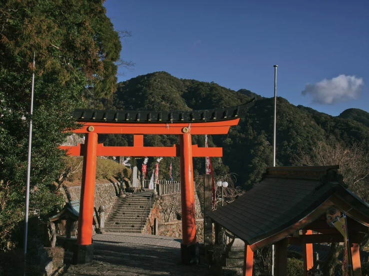 a red tori tori gate at the top of a hill, unsplash, sōsaku hanga, grey orange, ethnicity : japanese, historical setting, arch