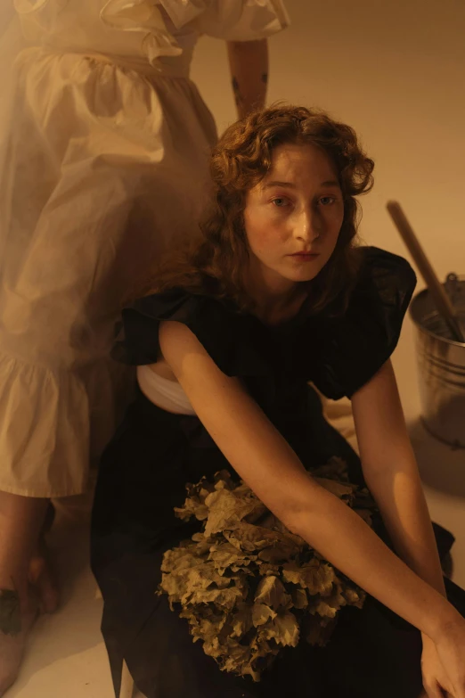 a couple of women sitting next to each other, an album cover, inspired by Cindy Sherman, unsplash, renaissance, french maid, miranda otto as eowyn, sangsoo jeong, still frame from a movie