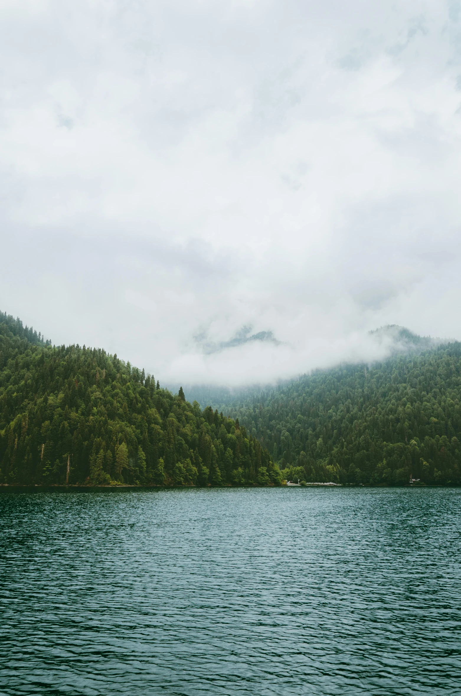 a large body of water surrounded by trees, by Sebastian Spreng, unsplash contest winner, low clouds after rain, muted green, peaks, unsplash 4k