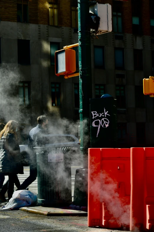 a group of people standing on the side of a street, inspired by Bruce Davidson, graffiti, exhaust smoke, humans of new york, year 2099, breakfast