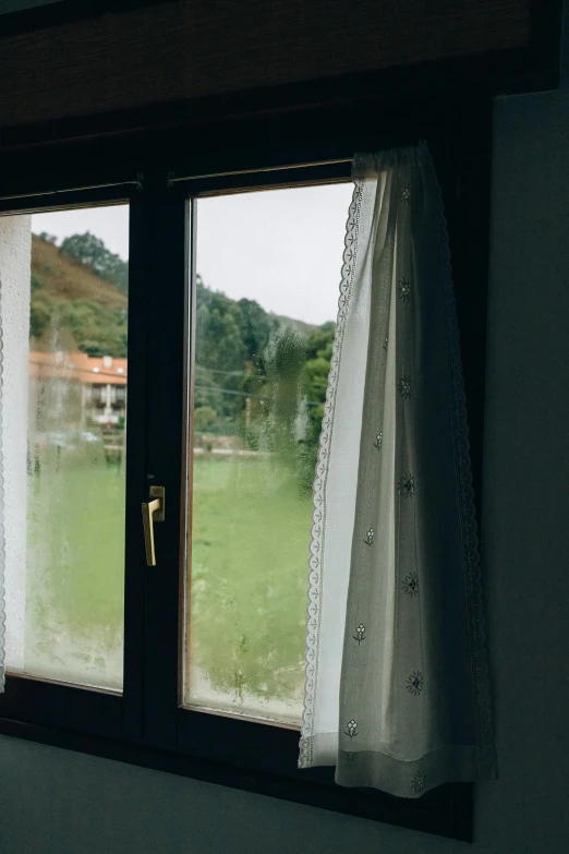 a window with a view of a field outside, a picture, by Elsa Bleda, unsplash, renaissance, day after raining, hotel room, square, rinko kawauchi