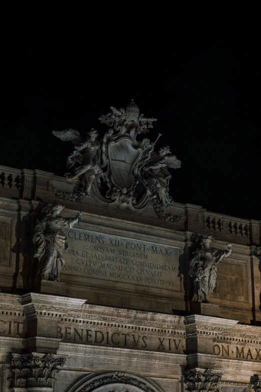 a clock that is on the side of a building, by Alessandro Allori, neoclassicism, people at night, massive arch, sign, up-close