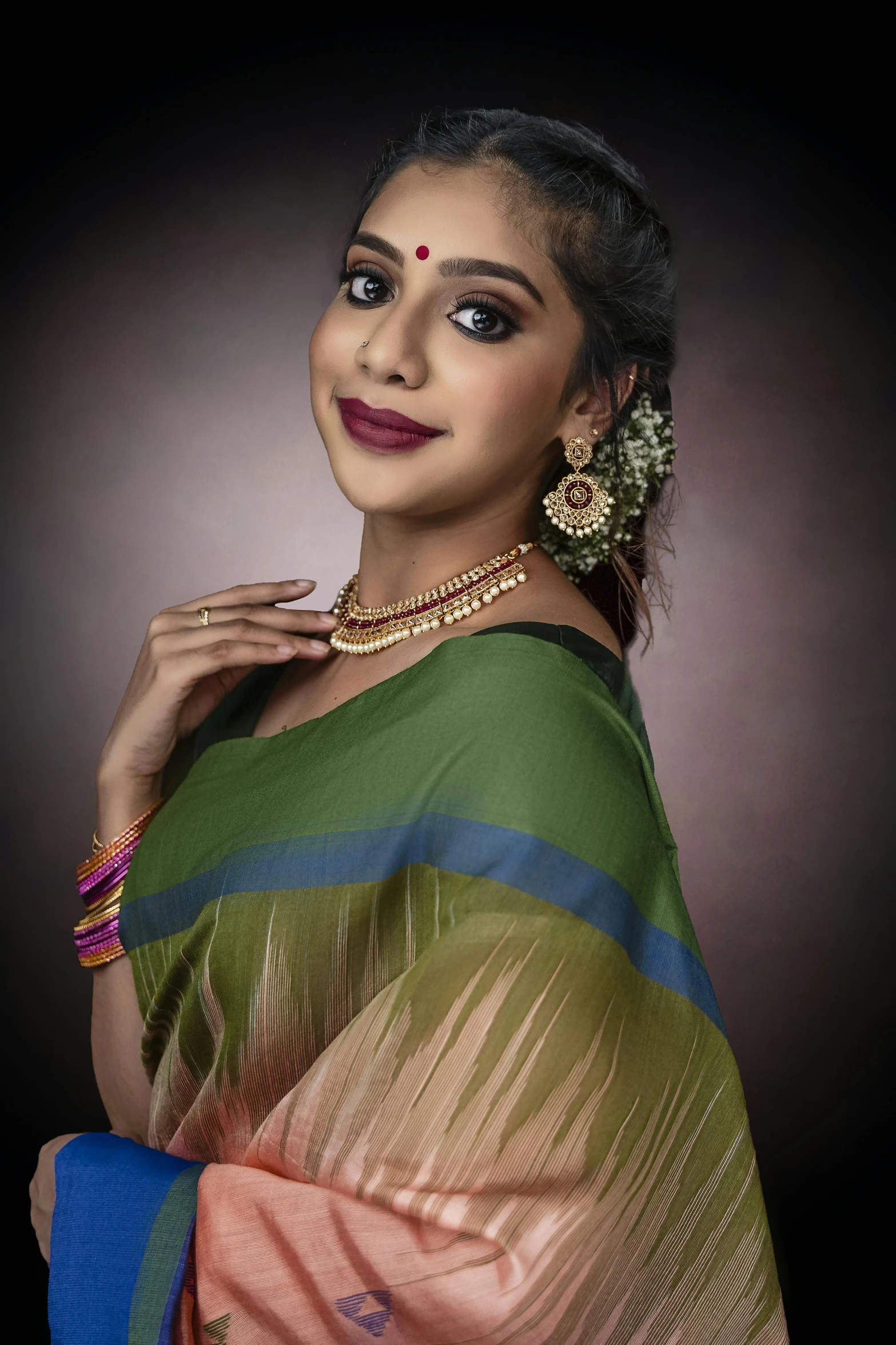 a woman in a sari posing for a picture, trending on cg society, olive green, studio!! portrait lighting, promo image, square