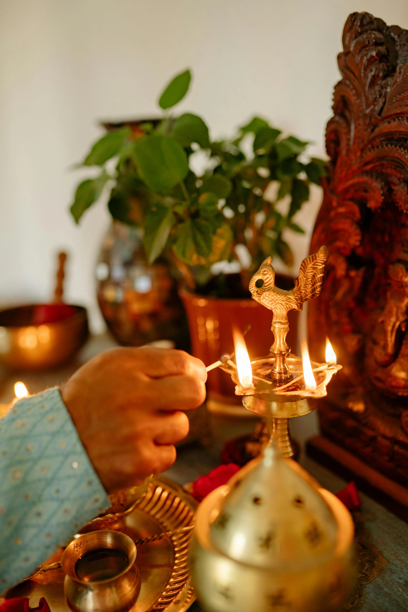 a close up of a person lighting a candle, hurufiyya, lamps and flowers, emerging from a lamp, welcoming, brown